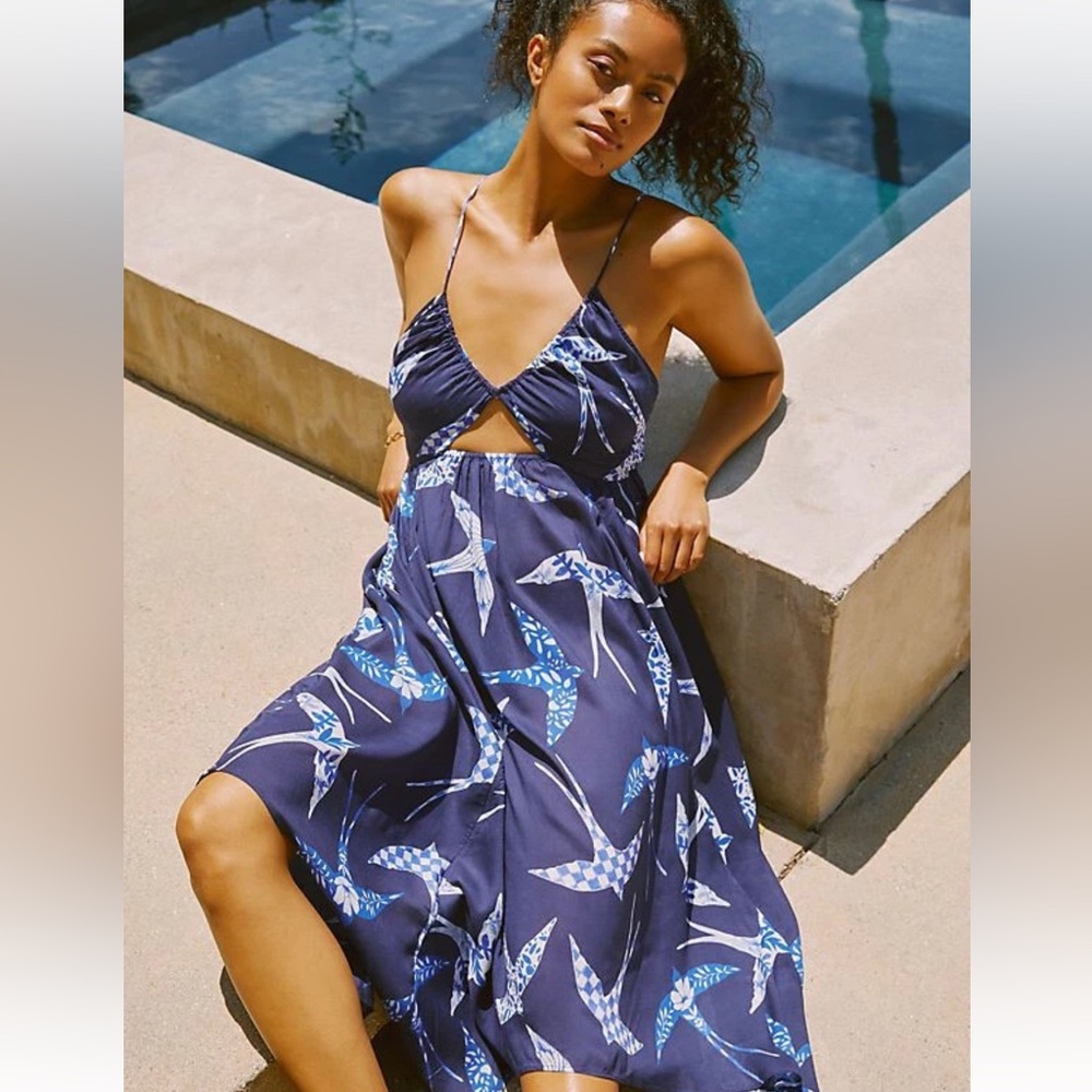 Anthropologie The Alani Maxi Cover-Up Size 2X Navy Blue Bird Print Boho Beach